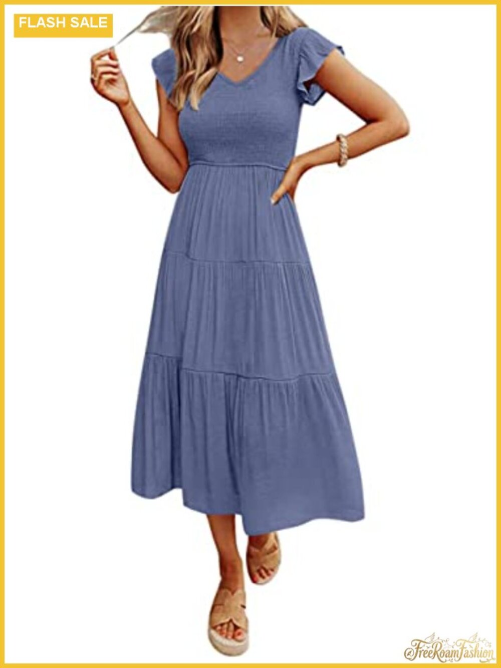 Women's Flutter Sleeve Smocked Midi Dress V-Neck Ruffle Casual Sundress